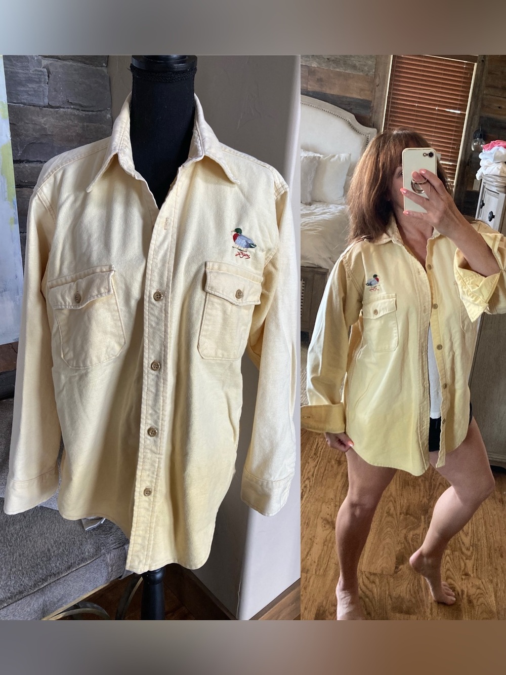 Vintage Flannel Pastel Yellow Button Down Woodsy Cozy Duck Shirt